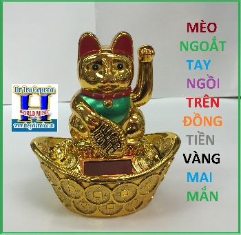 +Mèo Ngoắt Tay Ngồi Trên Đồng Tiền Vàng Mai Mắn.